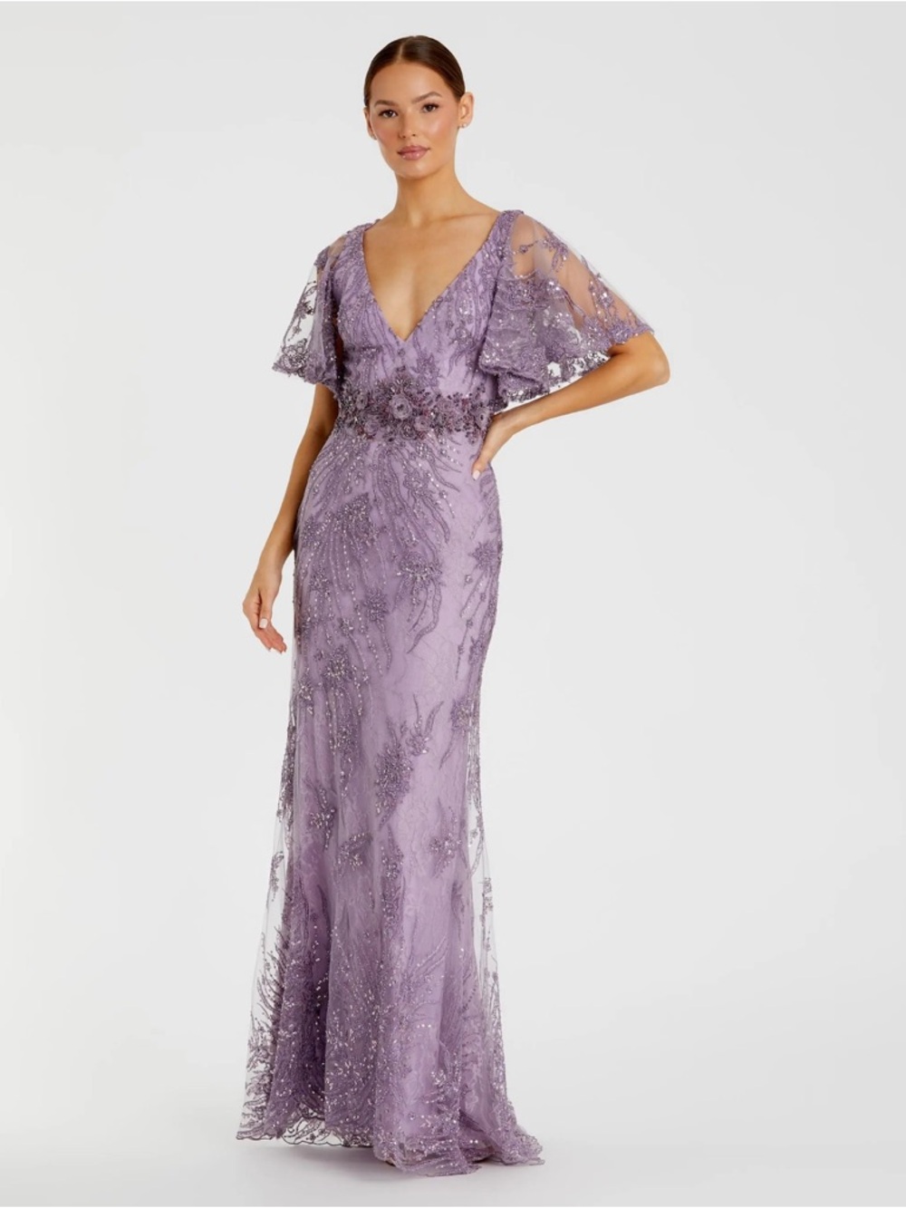 Mac Duggal 67493 Purple Embellished Flutter Sleeve Evening Gown Size 10 NWT